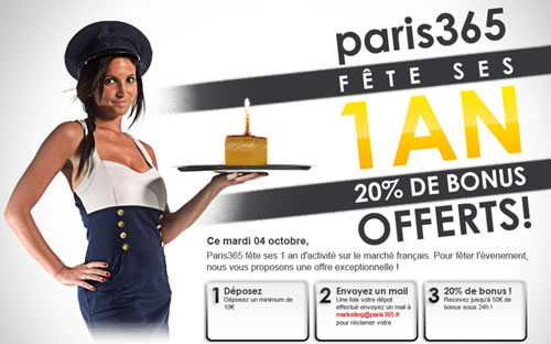 20% de bonus sur Paris365 pour ses 1 an 20% de bonus sur Paris365 pour ses 1 an